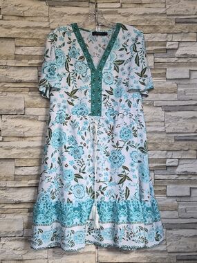 ​LEANI Boho Midi Dress Women's L White/Blue Floral Tassel Drawstring Casual